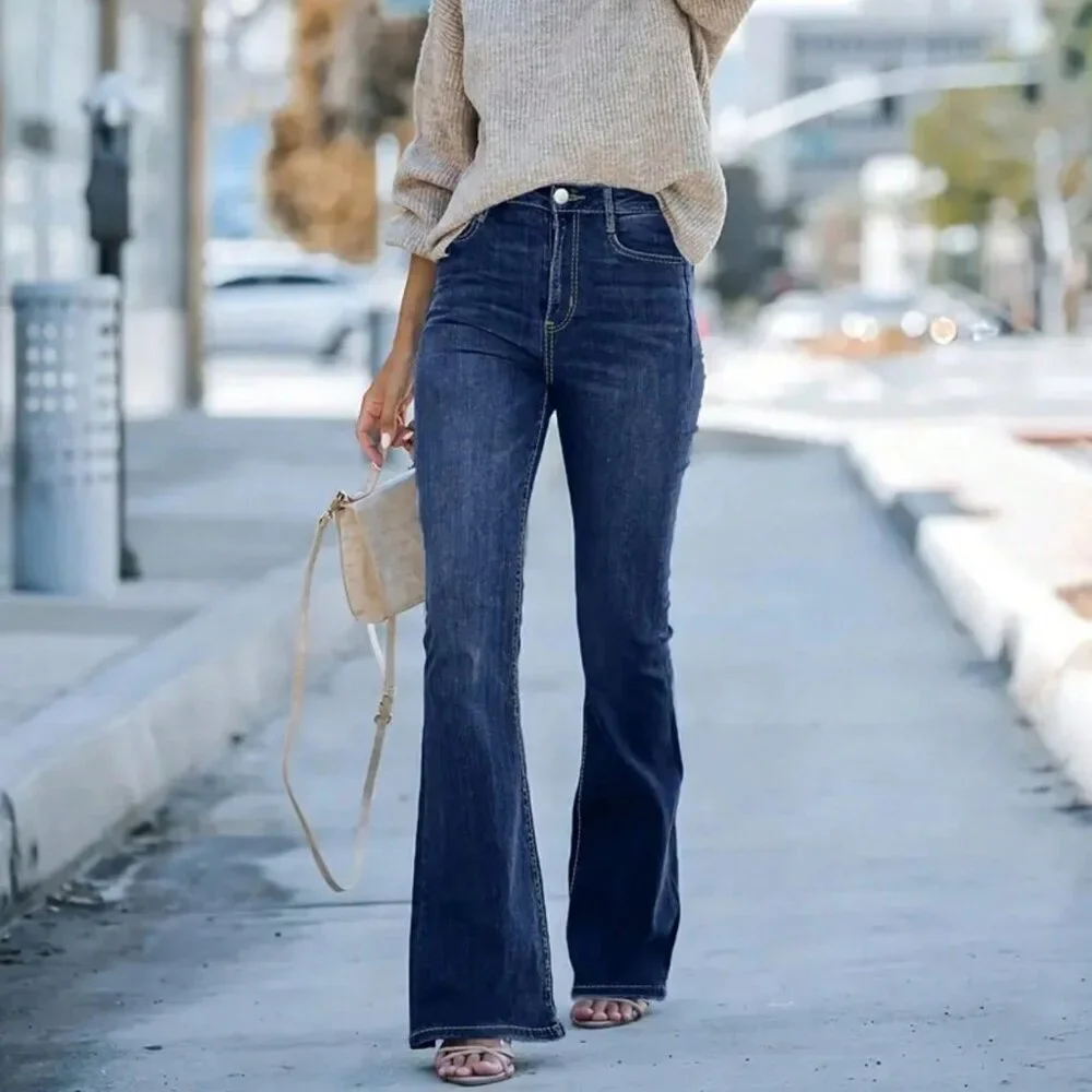 Dark Wash Casual Women's Denim Long Pants
